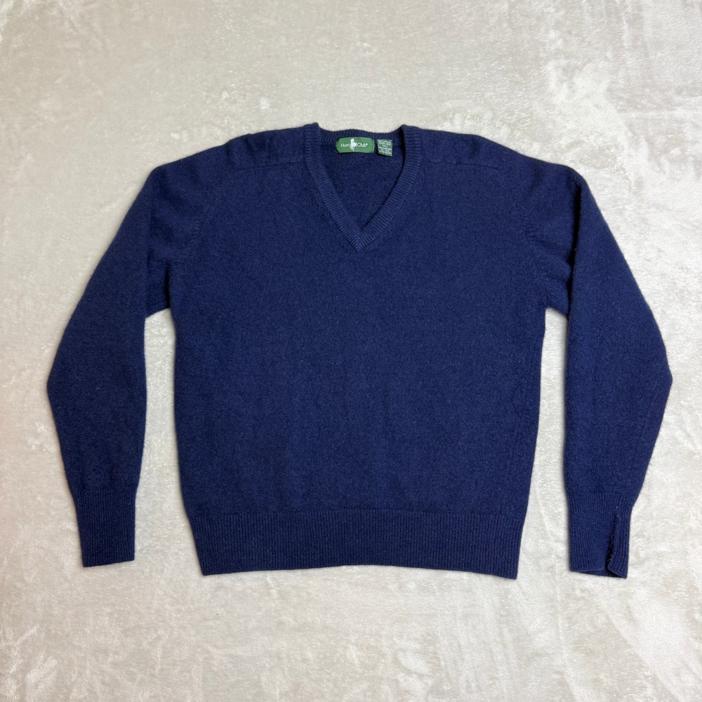 VTG 90s Hunt Club Lambswool V-Neck Sweater Mens L (Tag XLT) Navy Blue Preppy